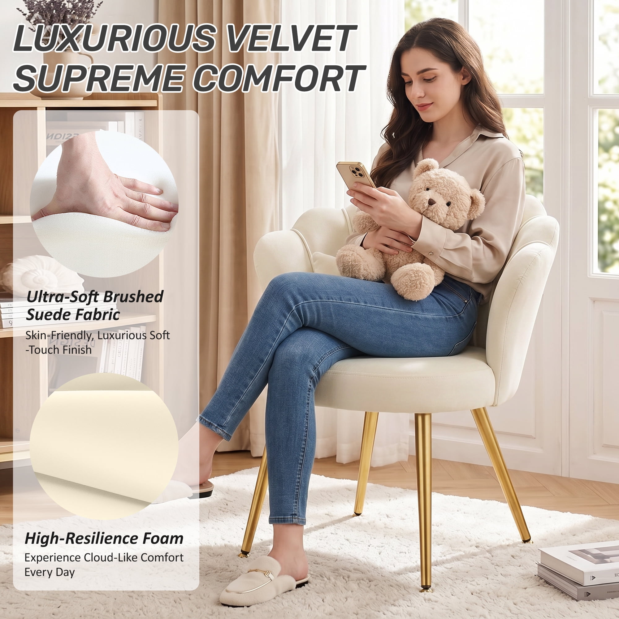 COOLHUT Petal Velvet Vanity Chair, Flower Cute Girls Mack Up Vanity Stool Chair with Lumber Pillow and Adustable Gold Legs, Upholstered Small Desk Chair for Living Room Bedroom Home Office, Beige