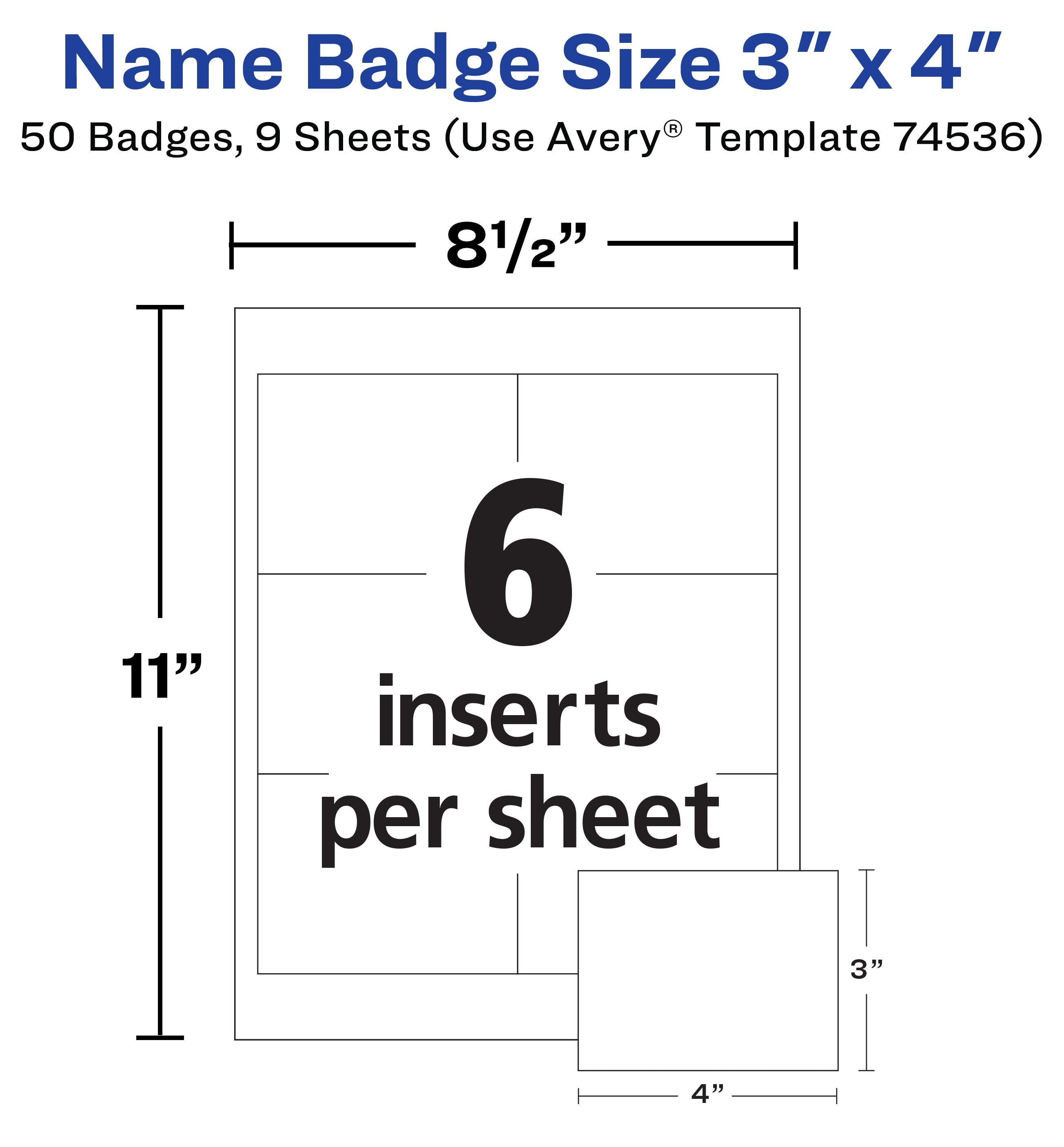 Avery Name Badge Labels, 3" x 4", Paper, White, Clip Style, Holders, Laser/Inkjet, 50 Badges (74536)