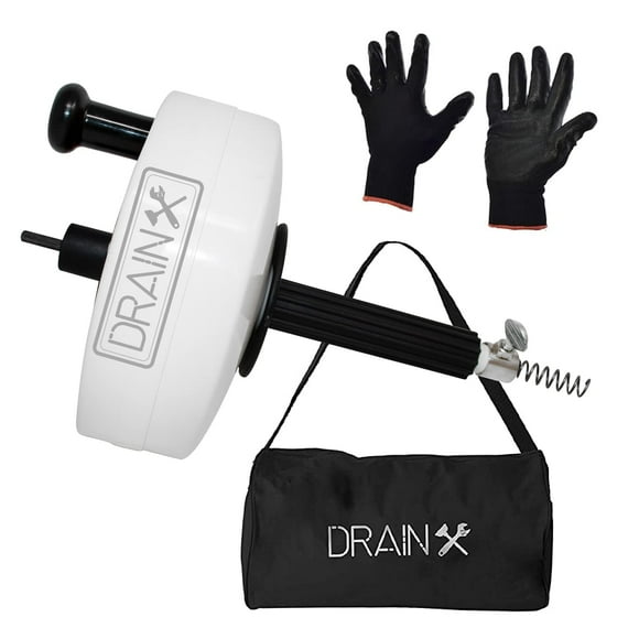 DrainX Power Pro 50-FT Steel Drum Auger Plumbing Snake with Drill Attachment Drain Snake for Manual or Powered Use Heavy Duty Drain cleaning cable with Work gloves and Storage Bag Included