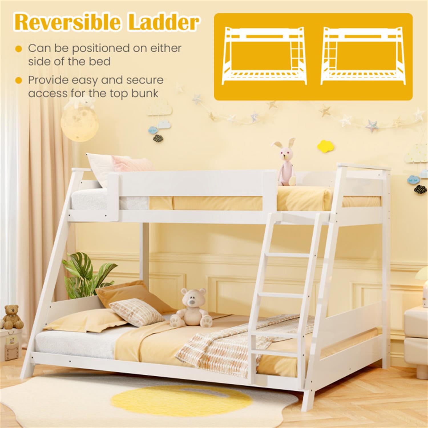 Demi Bonn Twin Over Full Low Bunk Bed with Reversible Ladder, Solid Wood Floor Bunkbeds Frame for Bedroom, No Box Spring Needed, White