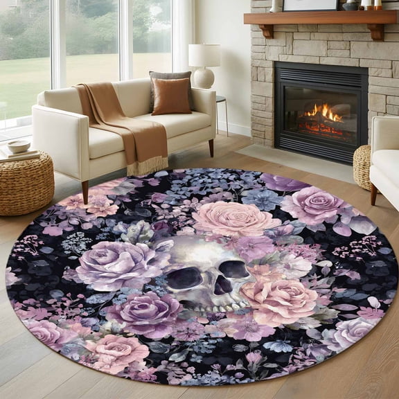 Round Area Rug 7 Ft, Halloween Skull Washable Non-Slip Circle Carpet for Living Room/Bedroom, Vintage Colorful Rose Floral Wildflower Low-Profile Large Runner Mat Collection Rugs for Indoor