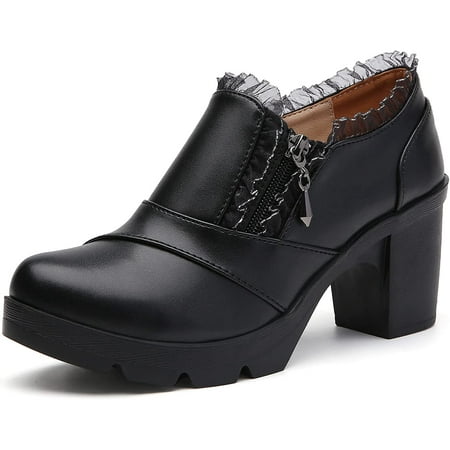 

Women s Casual Zipper Lace Platform Mid-Heel Square Toe Oxfords Dress Shoes
