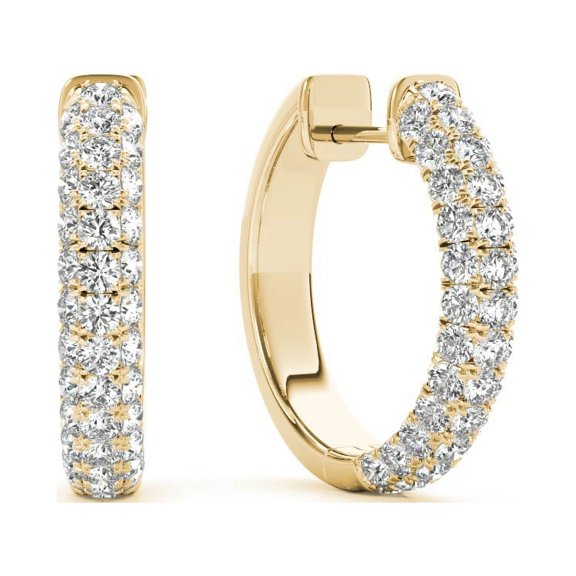18K Yellow Gold Three Rows Diamonds Hoop Earrings