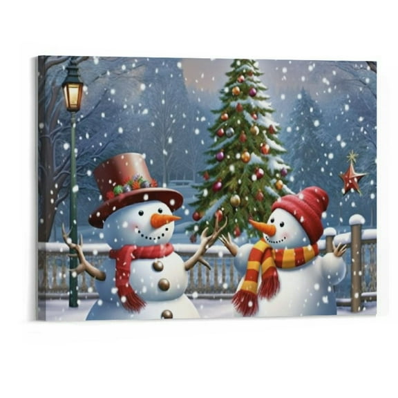 Creowell  Merry Snowman Picture Decor Wall Art Christmas Tree Outdoor Snow Scene New Years Gift Canvas Artwork 20x16 Inch