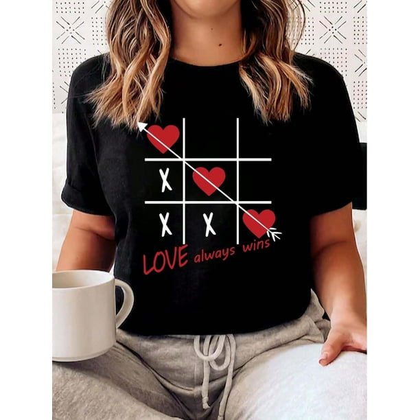 Valentine's Day Theme Nine Square Grid Game Print Women's T-Shirt, Valentine's Day Gift Casual, Fashionable, Comfortable, Soft, Athletic, Fitness, Daily Outdoor, Breathable Crew Neck Short Sleeve T-S