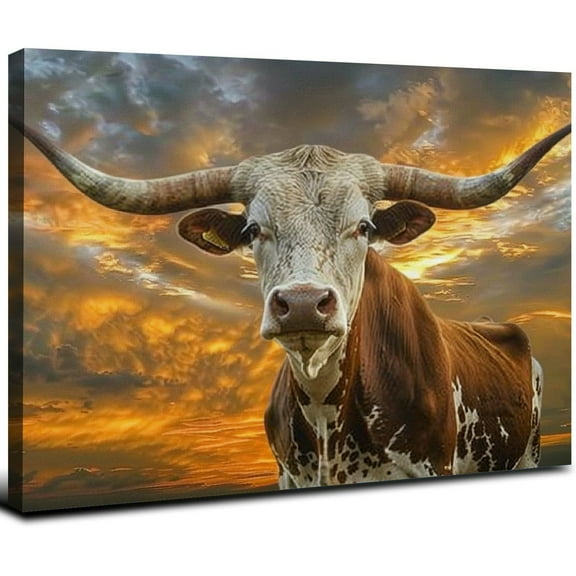 JRXY Highland Farm Cattle at Sunset Longhorn Canvas Wall Art Posters for Bedroom Living Room Decoration 20x16inch
