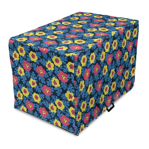 Floral Dog Crate Cover, Colorful Hand Drawn Inspired Arrangement of Flowers Leaves Illustration, Easy to Use Pet Kennel Cover Small Dogs Puppies Kittens, 7 Sizes, Azure Blue Yellow Coral, by Ambesonne
