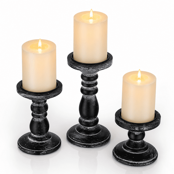 Wooden Candle Holders, Black 3.94", 5.9", 7.87", Rustic Farmhouse Set of 3