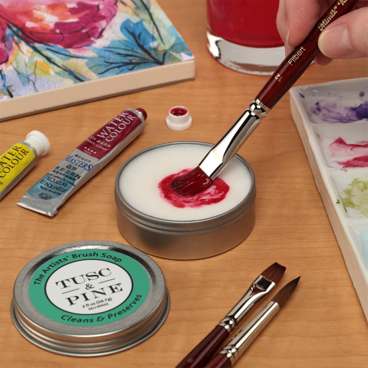 Tusc & Pine The Artists' Brush Soap - 2oz and 12 oz Set - Plant-Based Brush Cleaner, Oil, Acrylic, Watercolor Paint - Nourishes Bristles; Made in North Carolina; Alkali Soap, Gentle Pine Fragrance