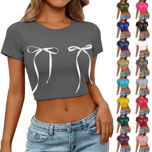 Womens T Shirts Crop Tops Basic Tees Casual Slim Fit Crew Neck Short Sleeve Tshirts Bow Print Blouses Breast Cancer Awareness Summer Trendy Dark Gray