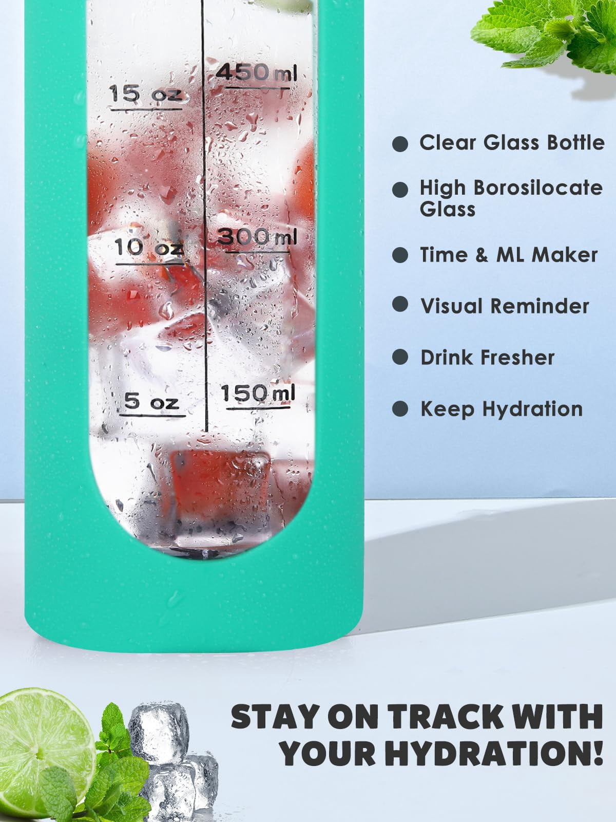 Glass Water Bottles 32oz with Silicone Sleeve Drinking Hydration Bottles Reusable Borosilicate Wide Mouth Motivational Water Flask Canteen with Time Marker Spout Lid and Brush