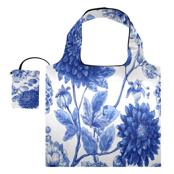 Large Capacity Print Tote Bag,Lightweight Portable Foldable Shopping Bag Blue and White Flowers