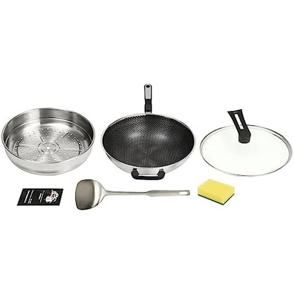 13 Inch Stainless Steel Wok Pan with Lid, Honeycomb Coating Woks & Stir-fry Pans Nonstick Wok Induction Wok Set Chinese Wok No Chemical Coated Wok for Induction, Electric, Gas, Halogen