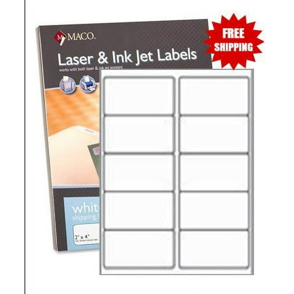 MACO ML1000 White Laser/Inkjet Shipping & Address Labels, 2 x 4 (Box of 1000)