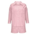 thumbnail image 4 of Idoravan Women Sets Clothing Clearance Spring and Summer Two-piece Color-blocking Single-breasted Long-sleeved Lapel Shirt Shorts Loose Fashion Casual Suit, 4 of 8