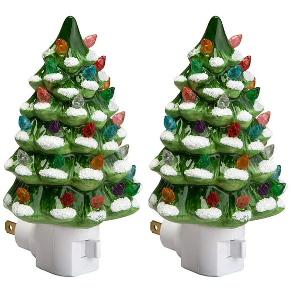 Fox Valley Traders Green Snow-Capped Ceramic Tree Night Light, Set of 2