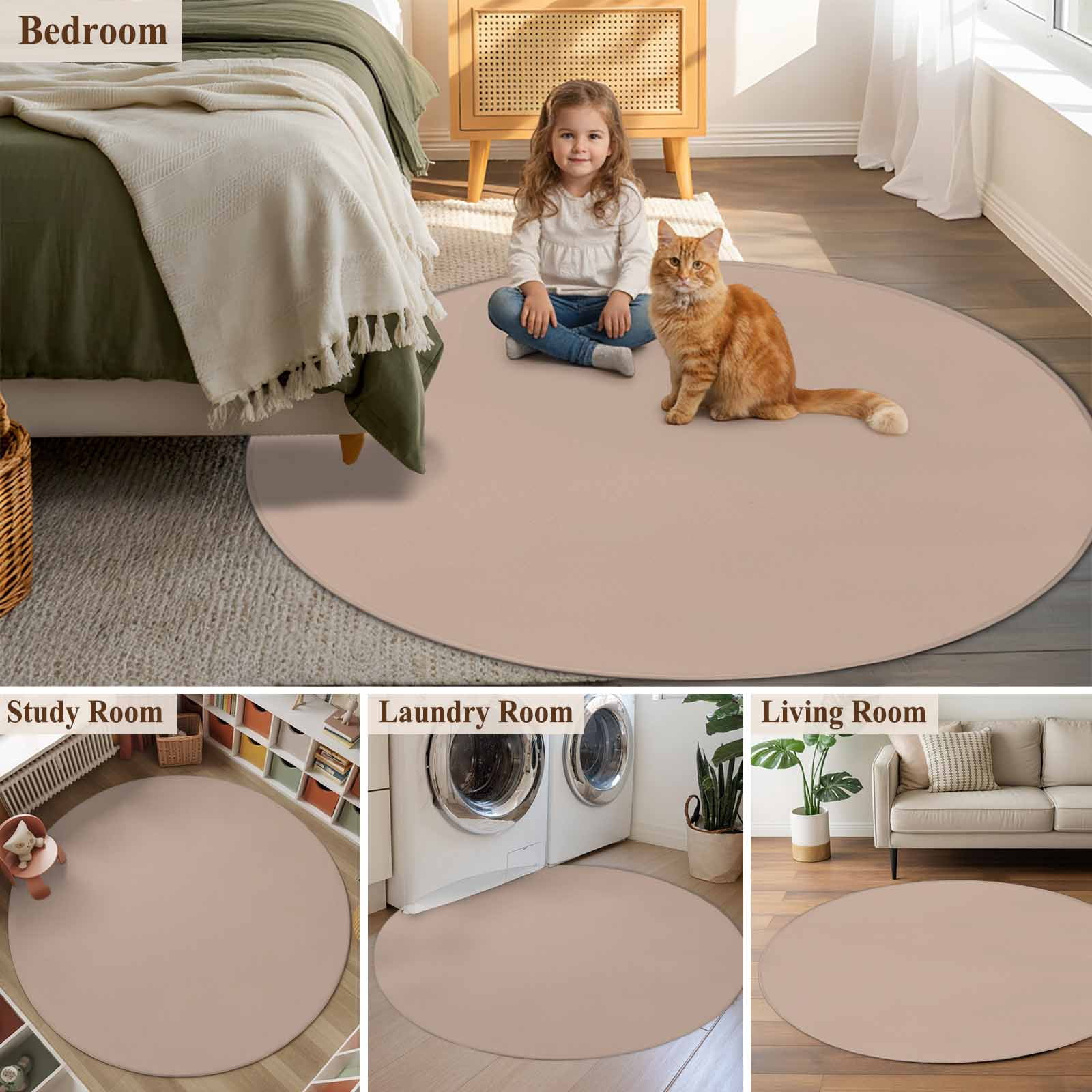 Warm Beige Round Area Rug 7 FT, Non Slip Living Room Area Carpet, Solid Color Farmhouse Beige Washable Soft Circular Rug Non-Shedding Floor Carpet for Bedside Office Play Room Classroom