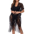 thumbnail image 7 of Women's Lace Crochet Beach Cover Up with Tassel Drawstring Tie Waist Open Front Midi Kaftan Sheer Floral Lace Cardigan Womens Bathing Suit Coverups Black One Size, 7 of 7