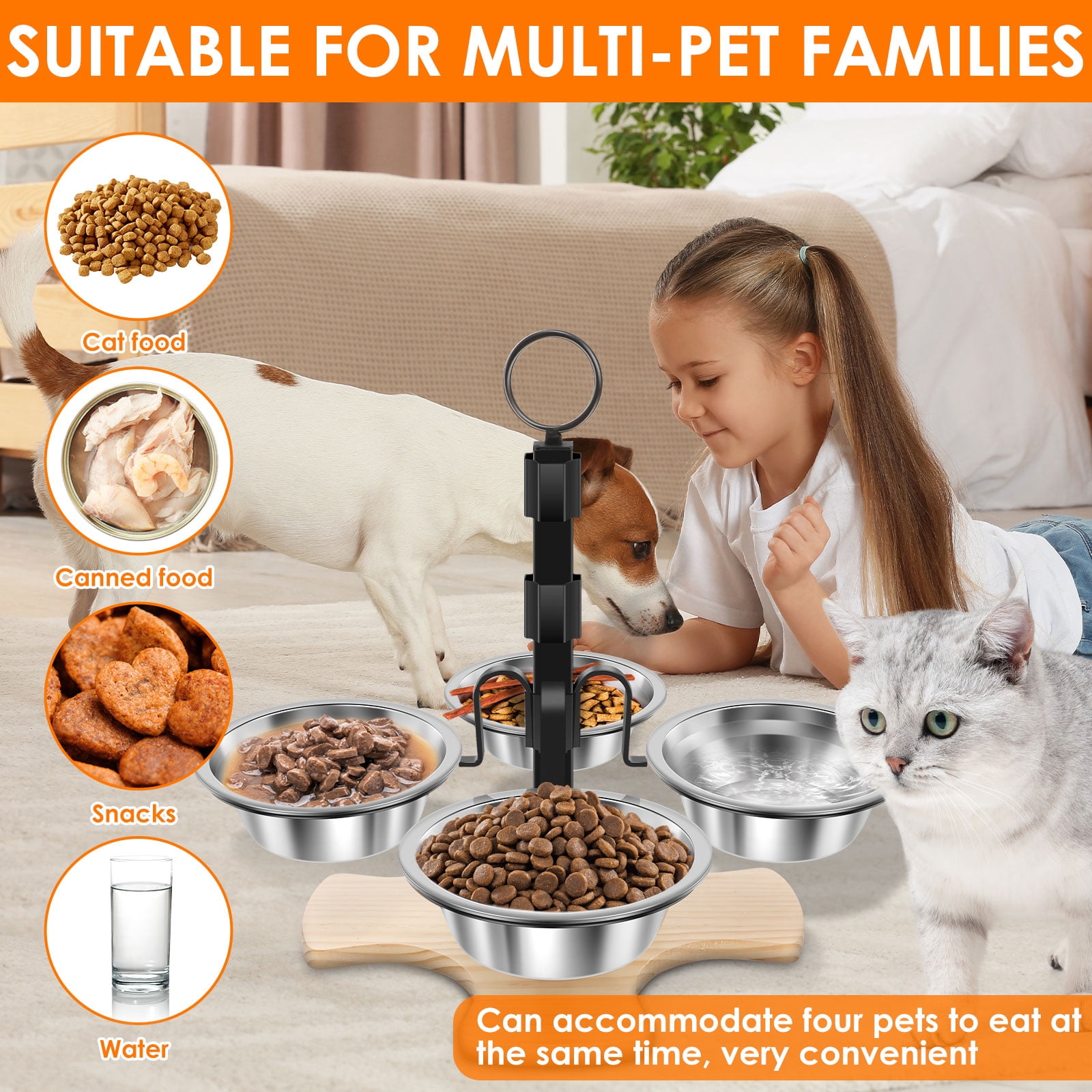 Elevated Cat Bowls with Stand 3 Height Adjustable Pet Feeding Station​ with 4 Stainless Steel Bowls Stable for Small Medium Pets