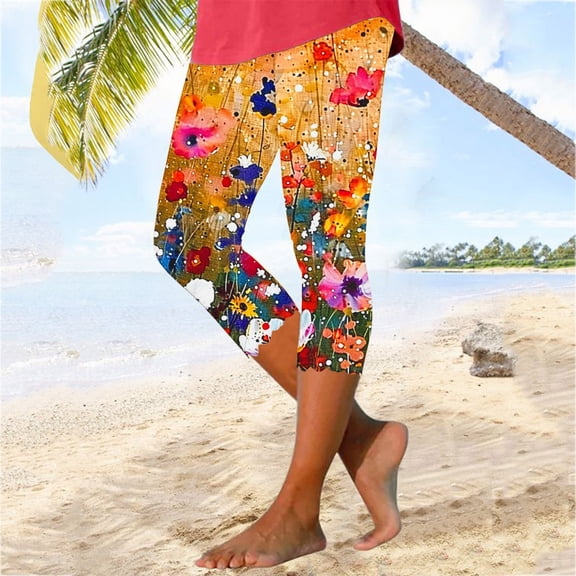 Aboser Vintage Boho Capri Leggings for Women High Waisted Tights Stretchy Knee Length Capris Cute Floral Printed Crop Pants Slim Fit Casual Legging