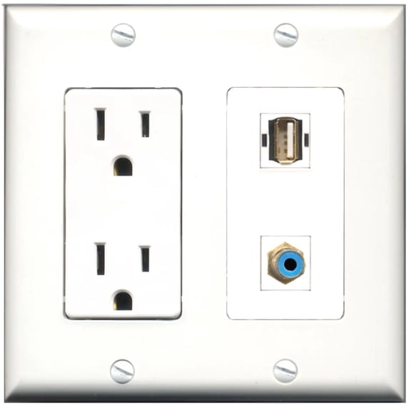 Ultra Spec Cables 15 Amp Power Outlet 1 Port RCA Blue 1 Port USB A-A Wall Plate