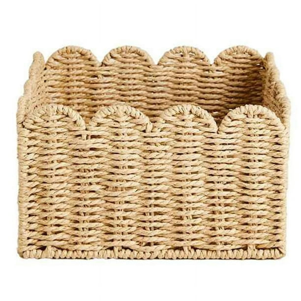 Cesta con Borde Festoneado, Cestas de Almacenamiento de Mimbre, Cestas Organizadoras Tejidas A Mano para Estantes, Diseño de Cuerda de Papel