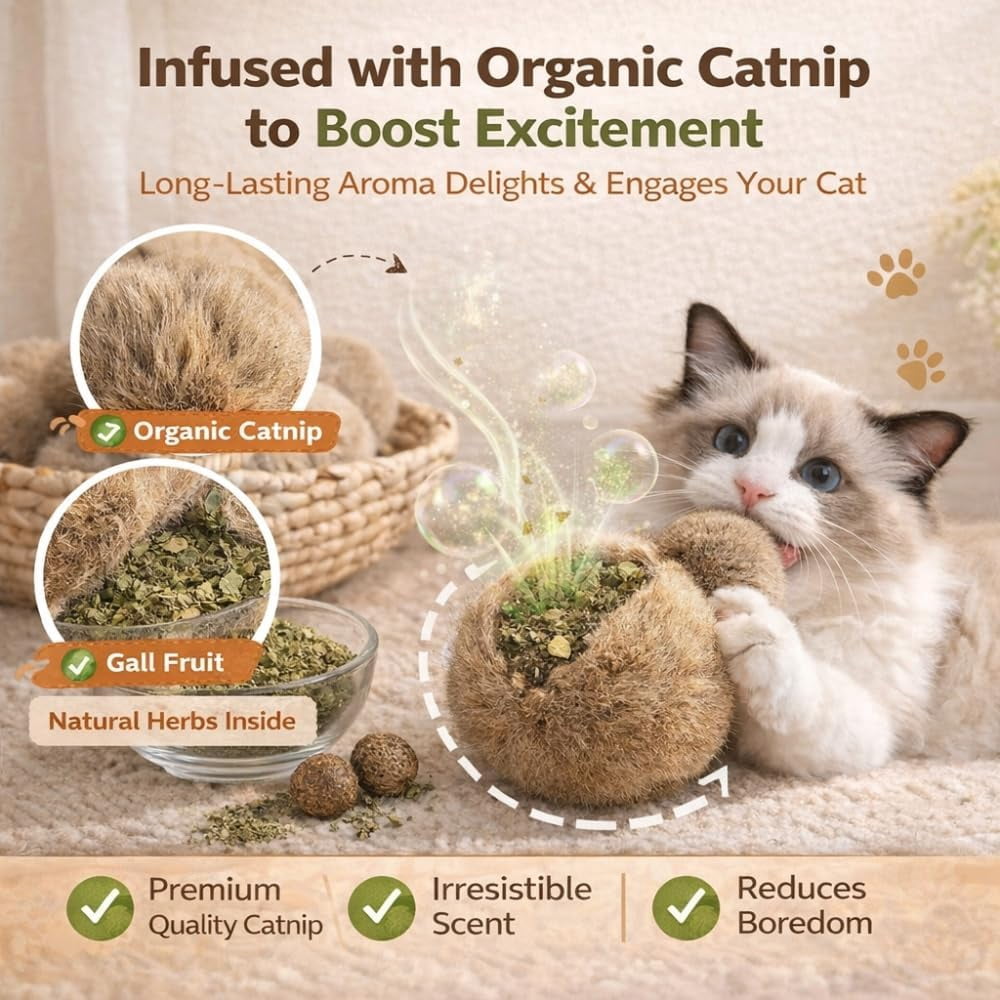 Cat Toy Balls, Ultra-Soft Fluffy Furry Pom Poms, Washable Quiet Kitten Toys for Chasing, Batting and Catching, Safe Interactive Pet Toys for All Cats
