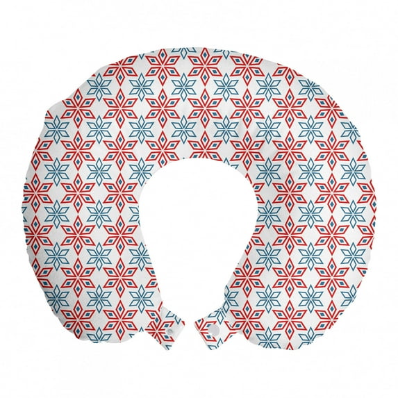 Abstract Travel Pillow Neck Rest, Rhombus Style Petals Bicolor Geometric Floral Arrangement Simple Design, Memory Foam Traveling Accessory Airplane and Car, 12", Vermilion and Blue, by Ambesonne