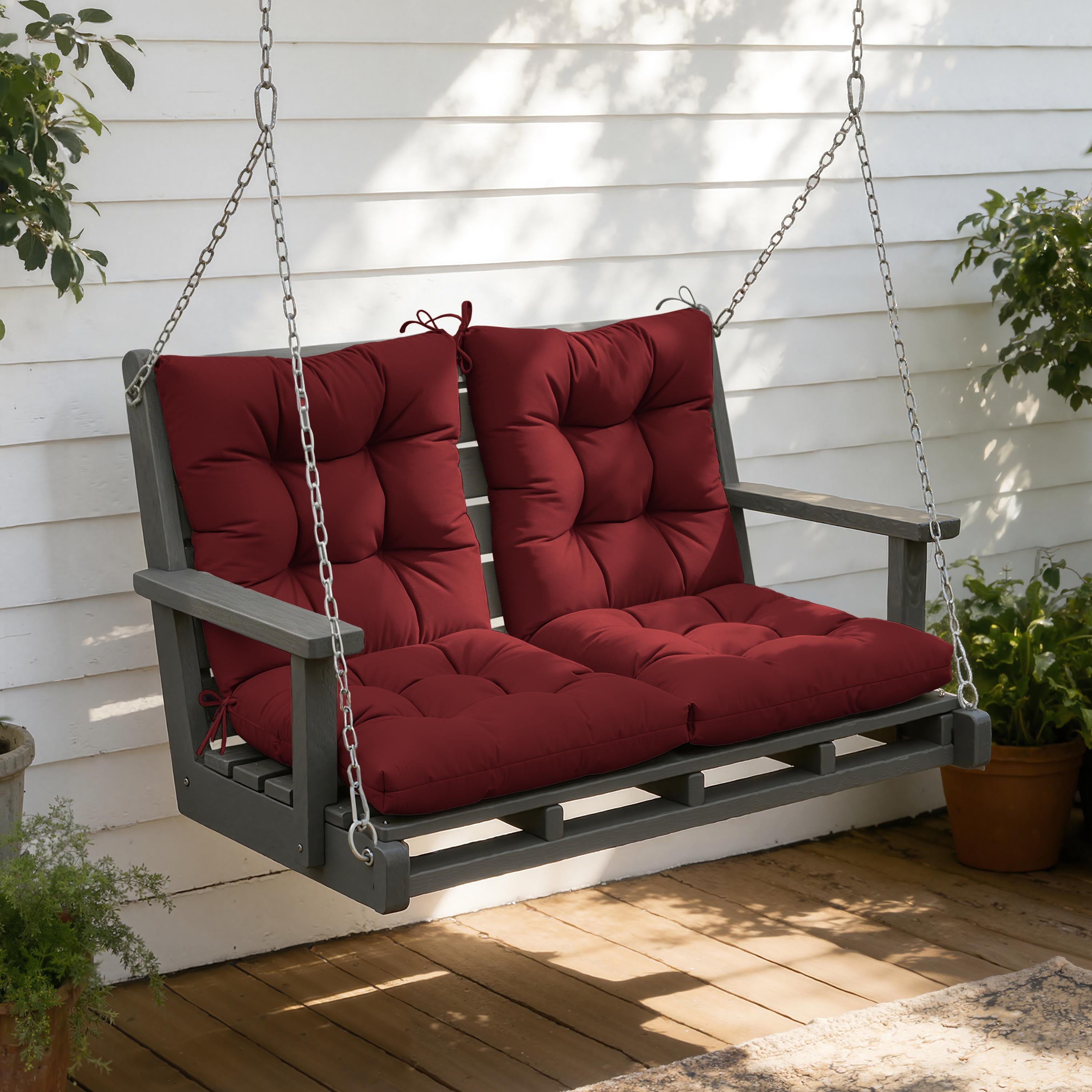 Kimunuk Outdoor Chair Cushions Set of 2, 42 x 21 x 5 in Non Slip Porch Swing Cushion Seat Back Cushions with Ties for Indoor Patio Rocking Chair, Burgundy