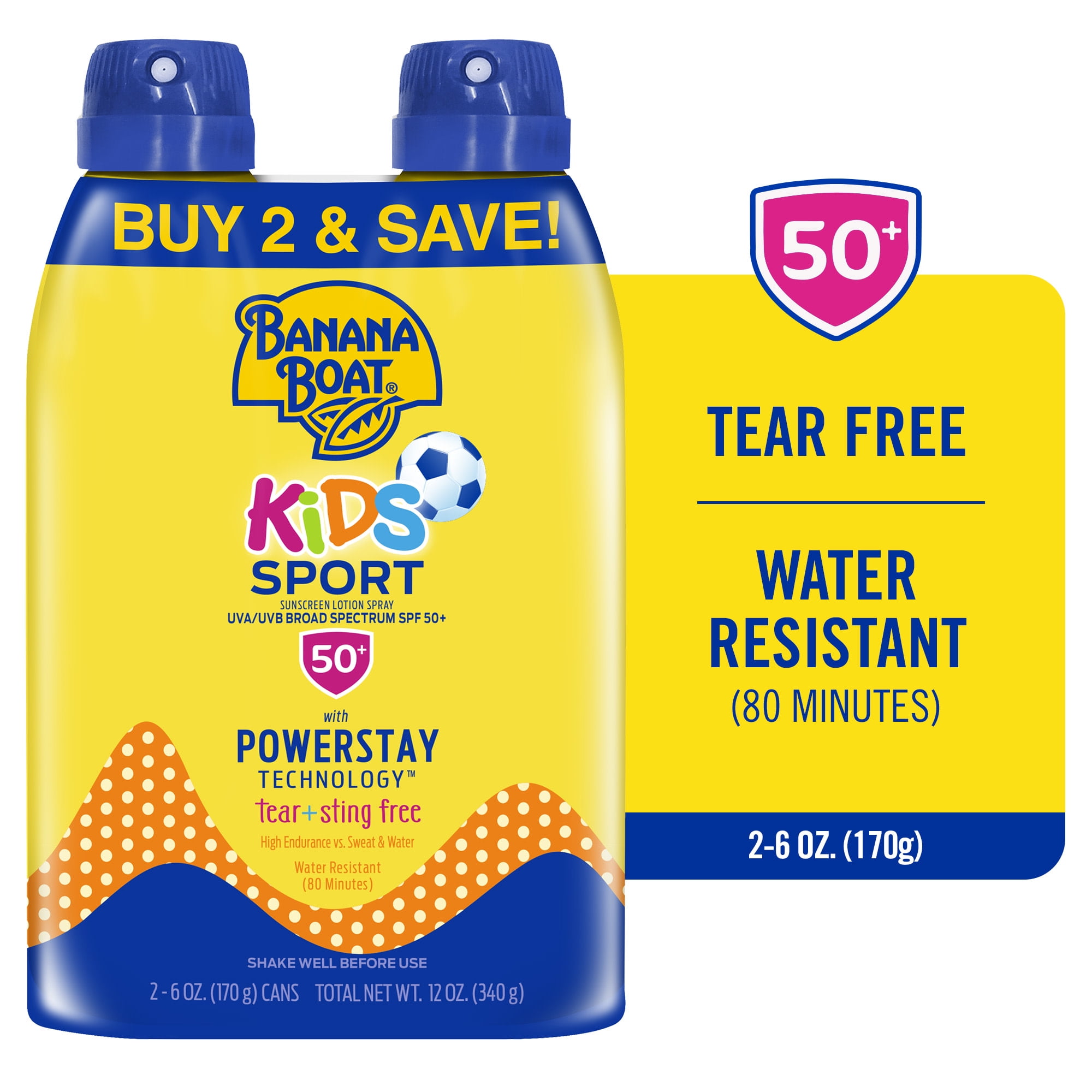 Banana Boat Kids Sport Sunscreen Spray SPF 50, Twin Pack, Kids Sunscreen Spray, Sunblock, 6 oz each