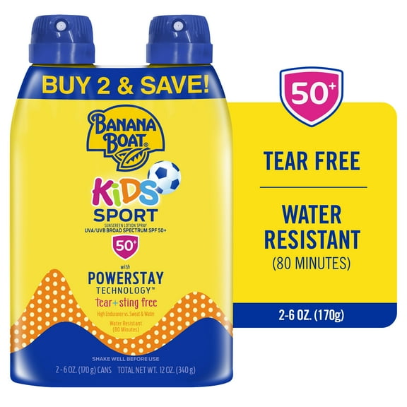 Banana Boat Kids Sport Sunscreen Spray SPF 50, Twin Pack, Kids Sunscreen Spray, Sunblock, 6 oz each