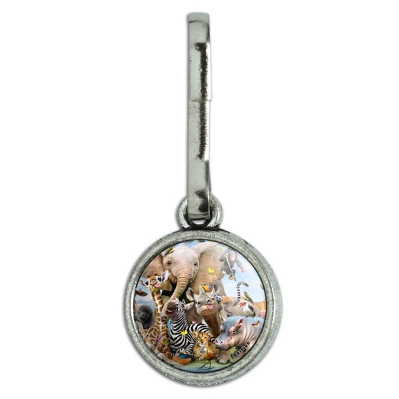 Africa Animals Smile Selfie Elephant Giraffe Zebra Hippo Rhino Antiqued Charm Clothes Purse Suitcase Backpack Zipper Pull Aid