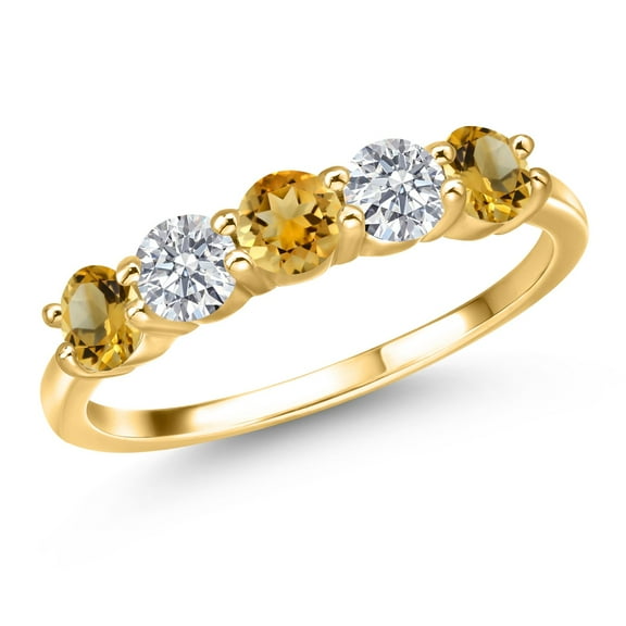 Gem Stone King 18K Yellow Gold Plated Silver Yellow Citrine and E - F Lab Grown Diamond Wedding-Bands Ring for Women | 1.31 Cttw | Round 4MM | Gemstone November Birthstone | Size 5