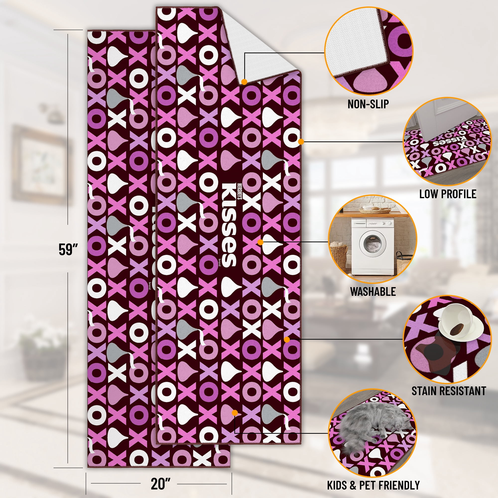 Ottomanson Hershey Kisses XO Machine Washable Non-Slip Rubberback 2x5 Runner Rug, 20"x 59", Pink
