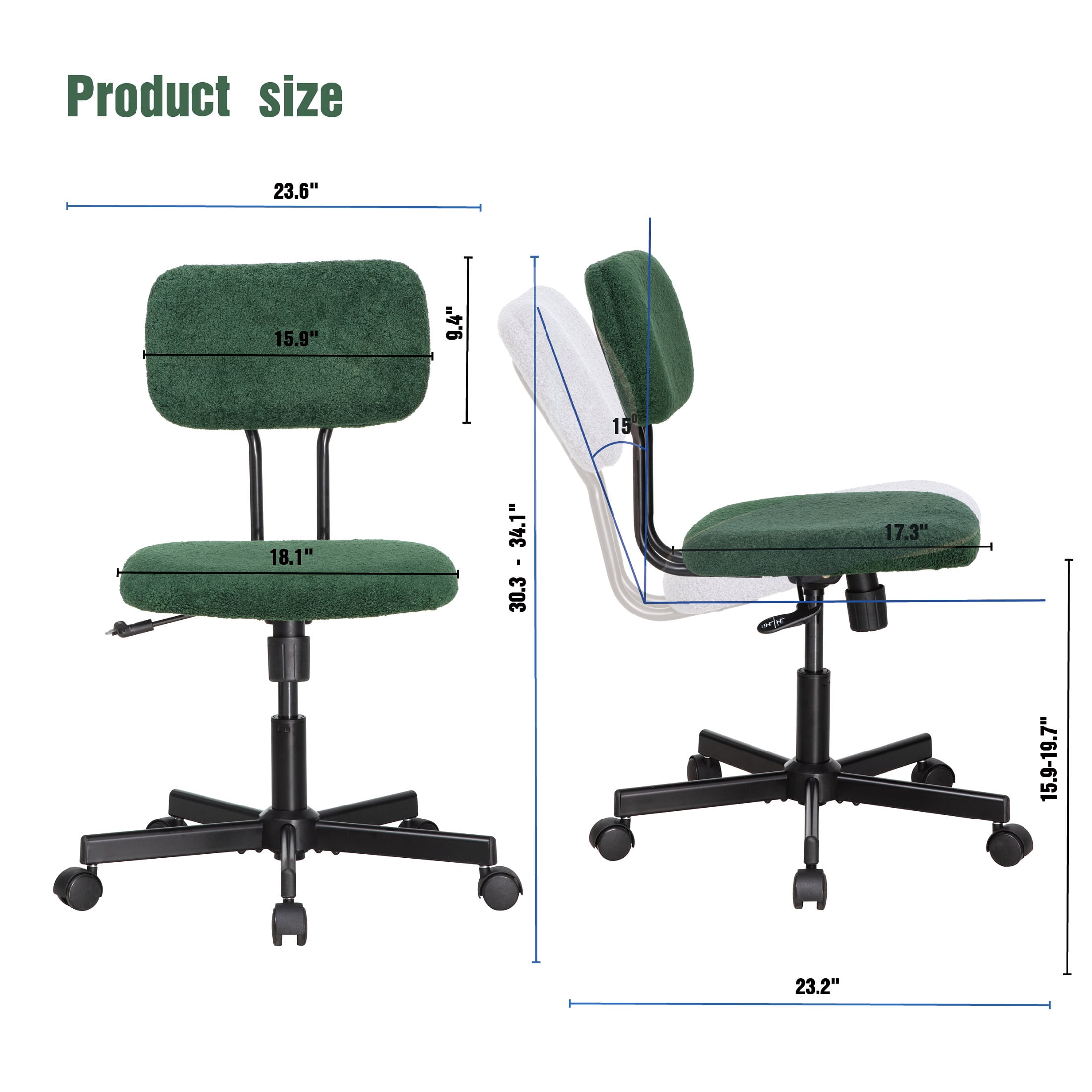 JJS Low Back Velvet Fabric Armless Home Office Computer Chair in Green
