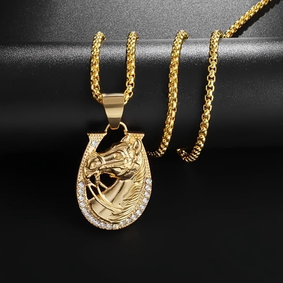 1pc Exquisite Shiny Golden Horse Head Horseshoe Pendant Necklace, Men's Fashion Hip Hop Rock Party Jewelry