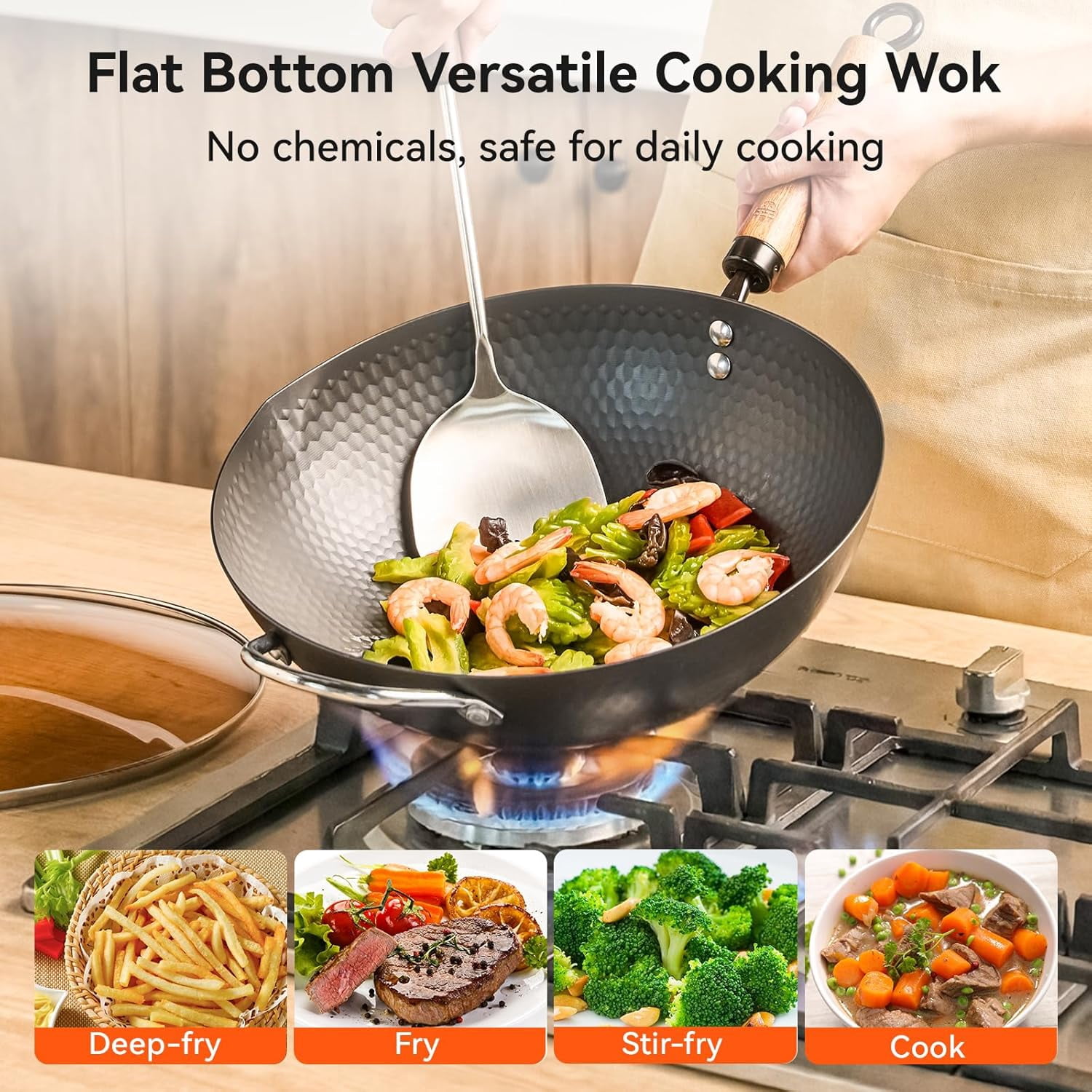12.6 Inch Flat Bottom Carbon Steel Wok Pan with Lid and Spatula, Heavy Duty Uncoated Iron Stir Fry Cookware for Induction Gas Electric Stovetops