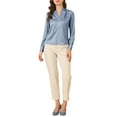 thumbnail image 2 of MODA NOVA Juniors Decor Button Pleated Solid Office Long Sleeve V Neck Shirt Blue M, 2 of 6