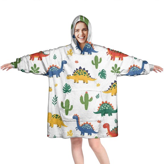 Wearable Oversized Blanket,White Cartoon Dinosaurs Cacti Pattern Wearable Blanket Hoodie for Adults,Cozy Hooded Blankets with Super Pockets,Super Warm Fuzzy Pullover for Women & Men