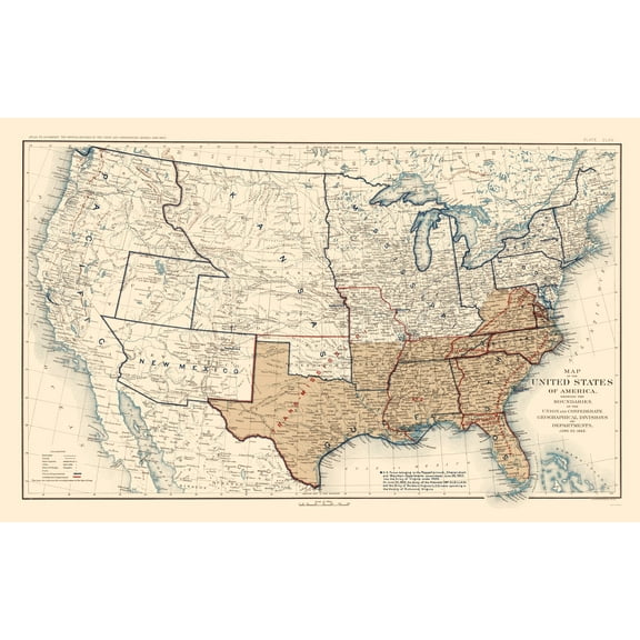 Historical Civil War Map - Geographical Divisions Departments June 1862 - Bien 1895 - WallArt