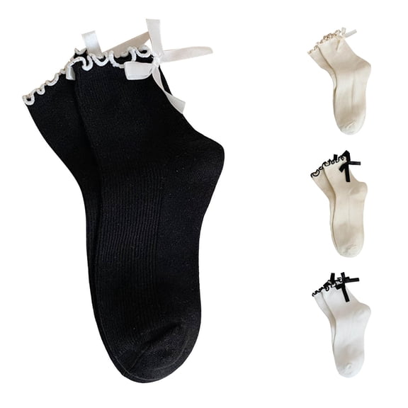 Xijirk Women Ruffle Bow Ribbon Crew Socks Vertical Rib Knit Mid Calf Socks Cute Fashion Casual Socks Size:One Size