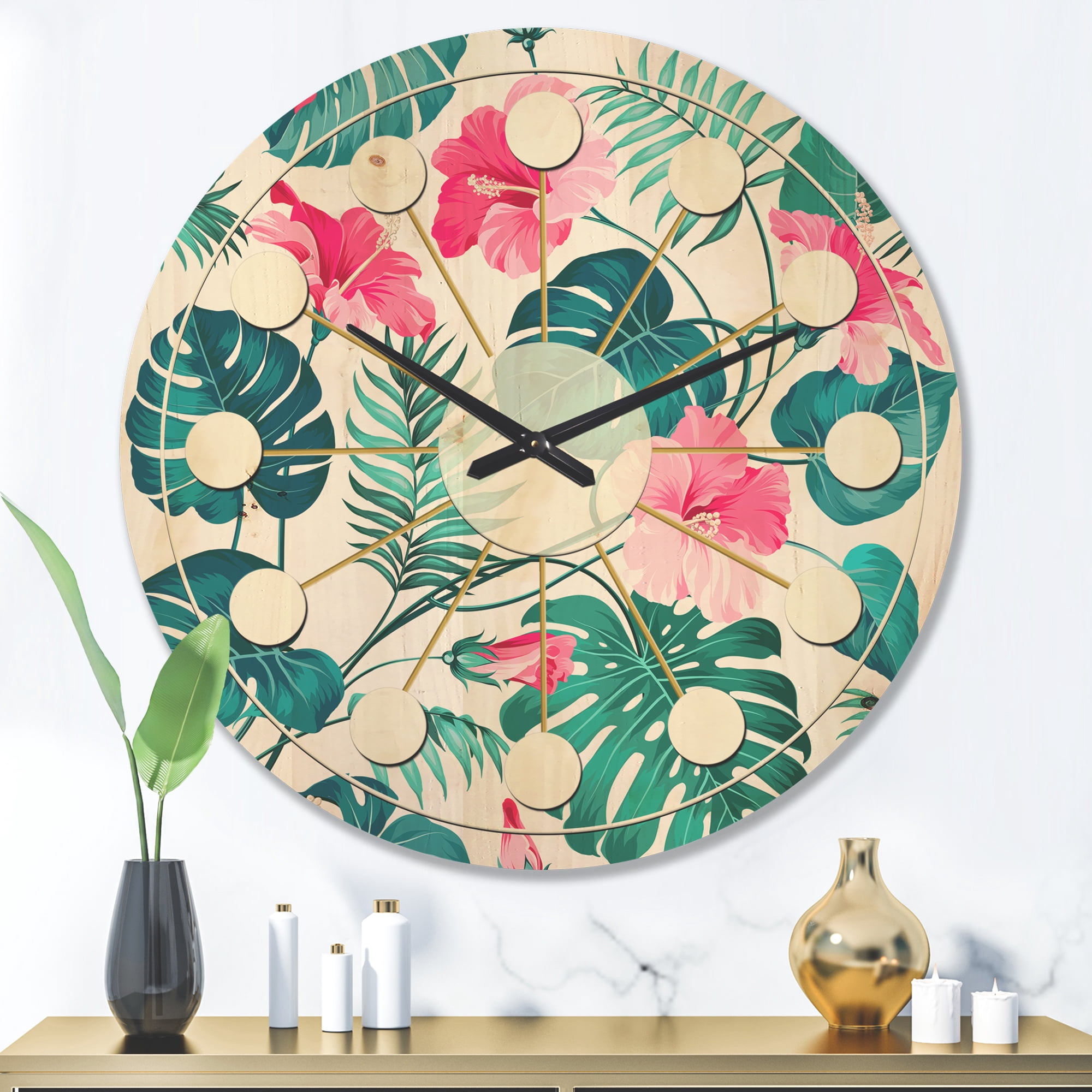 Designart 'Flowers and Tropical Botanicals I' Mid-Century Modern Wood Wall Clock