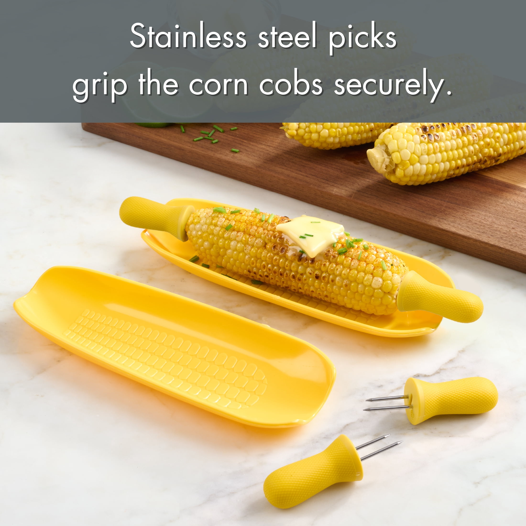 Mainstays 8-Piece Stainless Steel Interlocking Corn Skewer Set, Vibrant Yellow Handles