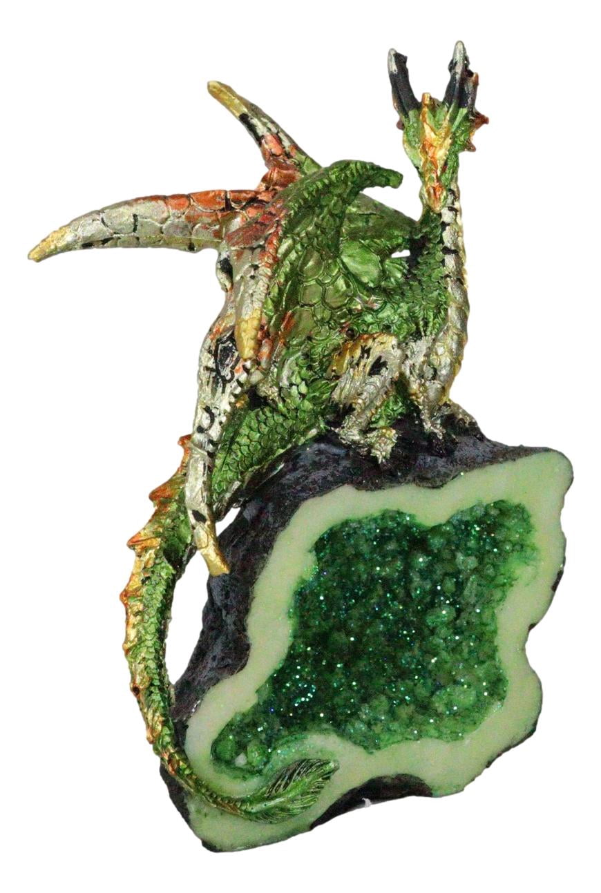 Terra Green Iridescent Dragon On Faux Geode Rock Quartz Crystal Cove Figurine