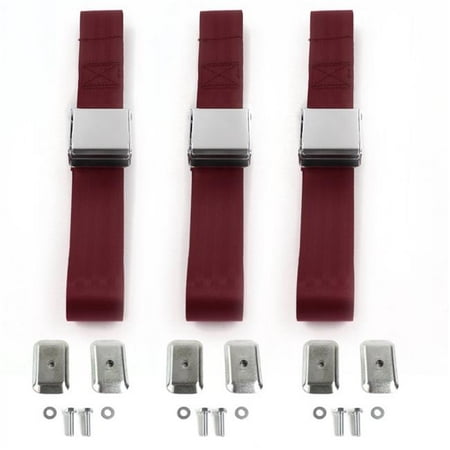 safeTboy  Burgandy Lap Bench Seat Belt Kit with Bracketry for 1929-1945 Desoto Airplane 2 Point - 3 Belts