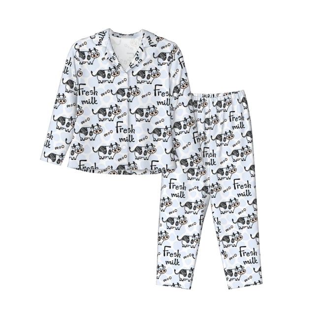 Balery Cow With Fresh Milk Conjunto de Pijama con Estampado para Mujer, Conjunto de Dos Piezas con Manga Larga, Ropa de Dormir Suave con Bolsillos, Pijamas Cómodos-Medium