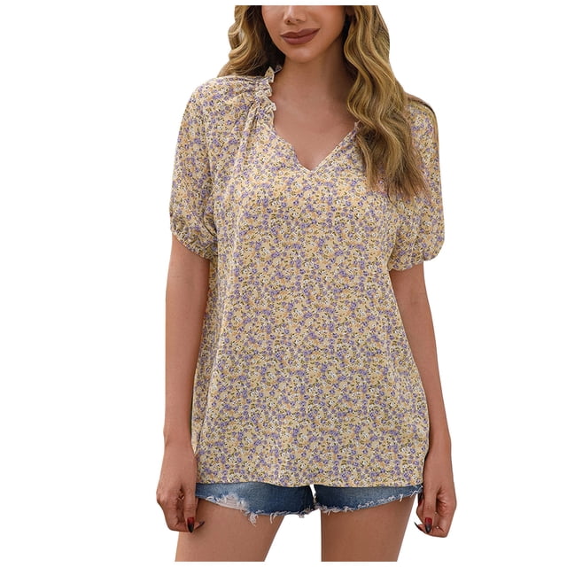 Blusa de manga corta con cuello en V y estampado informal para mujer a la moda OAVQHLG3B Store lin121212