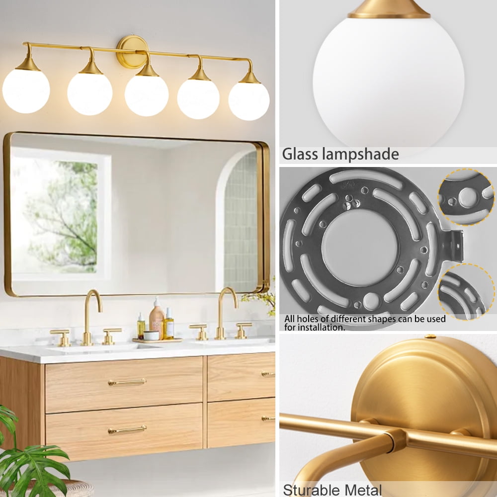 Deyidn 5-Light Gold Modern Vanity Light, 39 Inch Dimmable Bathroom Light Fixture with Opal Glass Globes for Mirror