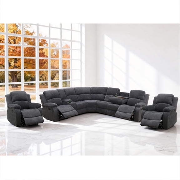 Saxum Tegmen Living Room Furniture Sets, Corduroy Sofa Sets, Reclining Sectional, Manual Recliner Couch Set with 4 Recliner Seats for Living Room, Office, and Apartment(Dark Gray)