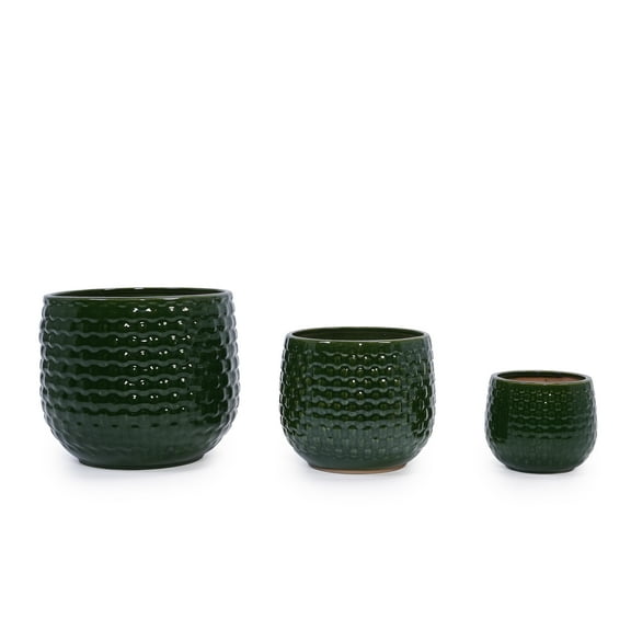3 Pieces Ceramic Flowerpot, Modern Planter for Patio, Outdoor Areas or Windowsills - Dark Green | Set of 3 glossy ceramic planters with drainage, ideal for indoor and outdoor use